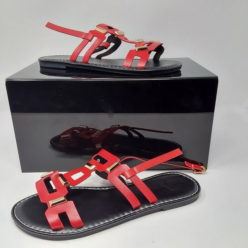 Women's Red Gladiator Sandals Size EU 39 US 8 Ankle Strap Gold Stud Flat